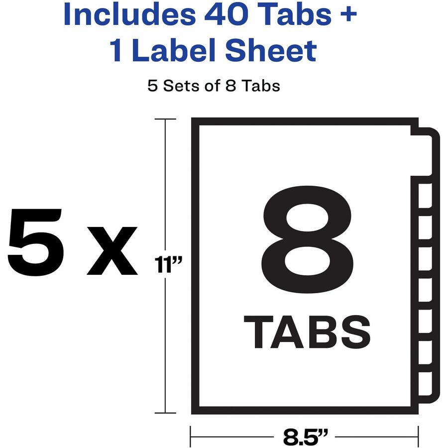 Image of Avery® Print and Apply Index Maker Clear Label Plastic Dividers with Printable Label Strip, 8-Tab, 11 x 8.5, Assorted Tabs, 5 Sets