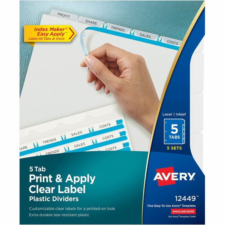 Image of Avery® Print and Apply Index Maker Clear Label Plastic Dividers w/Printable Label Strip, 5-Tab, 11 x 8.5, Frosted Clear Tabs, 5 Sets