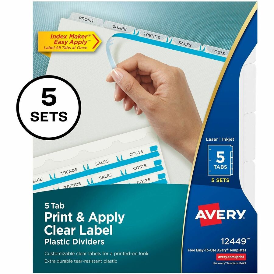 Image of Avery® Print and Apply Index Maker Clear Label Plastic Dividers w/Printable Label Strip, 5-Tab, 11 x 8.5, Frosted Clear Tabs, 5 Sets