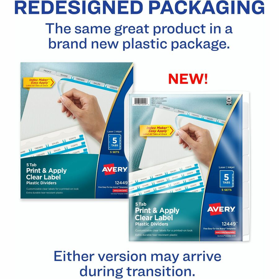 Image of Avery® Print and Apply Index Maker Clear Label Plastic Dividers w/Printable Label Strip, 5-Tab, 11 x 8.5, Frosted Clear Tabs, 5 Sets