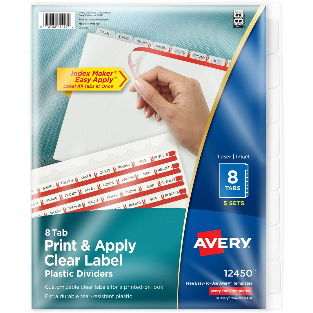 Image of Avery® Print and Apply Index Maker Clear Label Plastic Dividers w/Printable Label Strip, 8-Tab, 11 x 8.5, Frosted Clear Tabs, 5 Sets