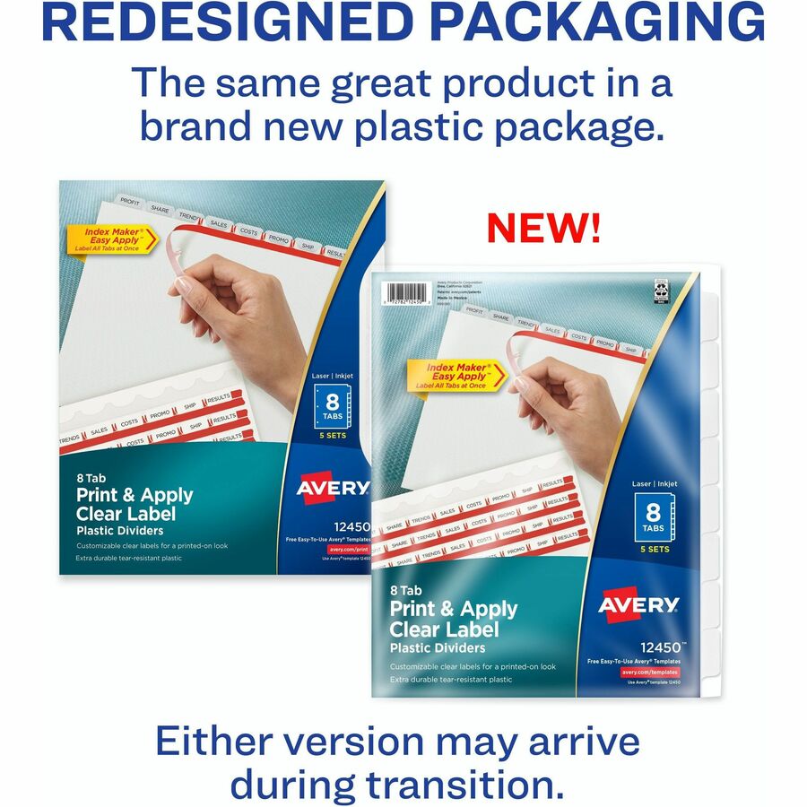 Image of Avery® Print and Apply Index Maker Clear Label Plastic Dividers w/Printable Label Strip, 8-Tab, 11 x 8.5, Frosted Clear Tabs, 5 Sets