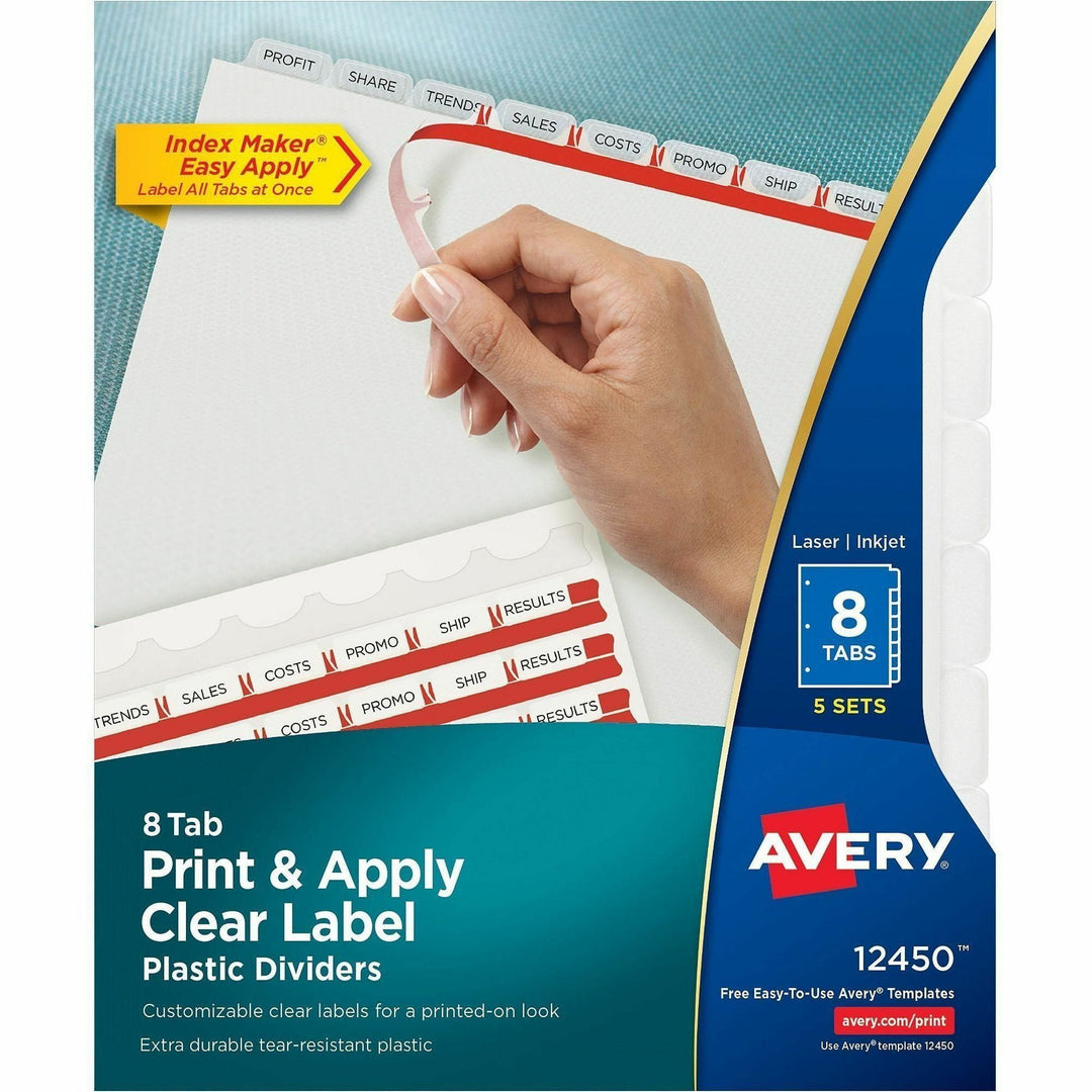 Image of Avery® Print and Apply Index Maker Clear Label Plastic Dividers w/Printable Label Strip, 8-Tab, 11 x 8.5, Frosted Clear Tabs, 5 Sets