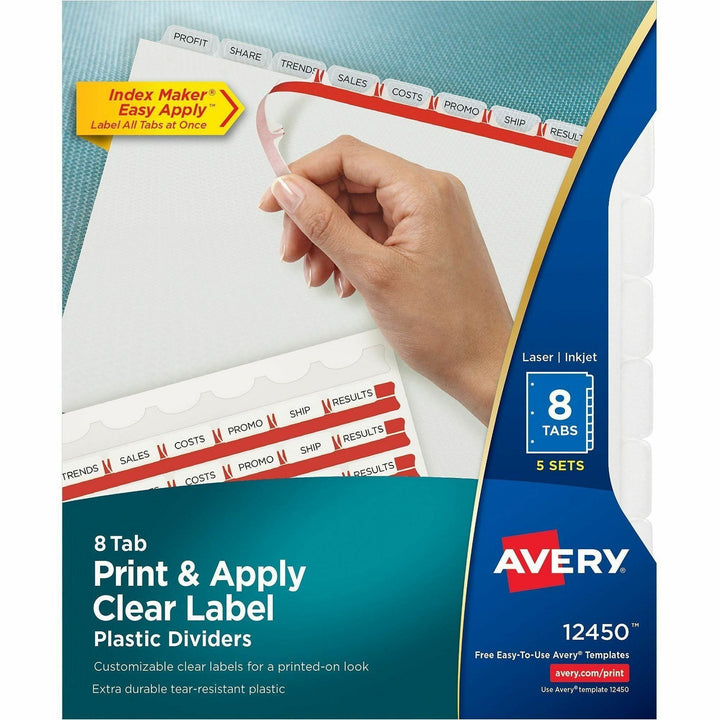 Image of Avery® Print and Apply Index Maker Clear Label Plastic Dividers w/Printable Label Strip, 8-Tab, 11 x 8.5, Frosted Clear Tabs, 5 Sets