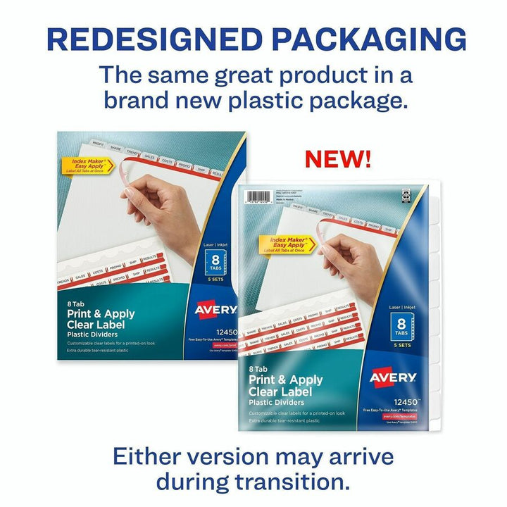Image of Avery® Print and Apply Index Maker Clear Label Plastic Dividers w/Printable Label Strip, 8-Tab, 11 x 8.5, Frosted Clear Tabs, 5 Sets