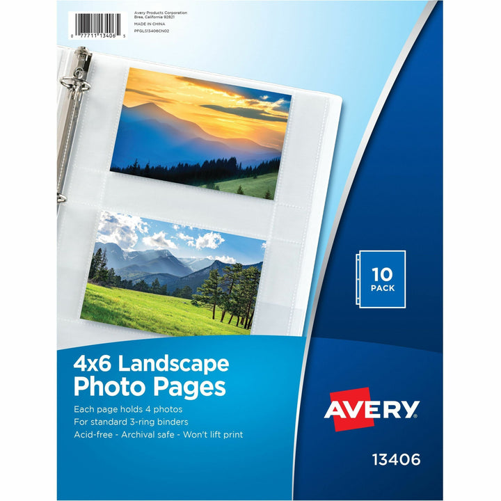 Image of Avery® Photo Storage Pages For Four 4 X 6 Horizontal Photos, 3-Hole Punched, 10/pack