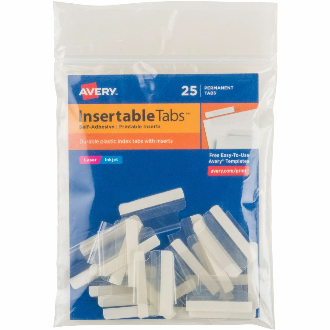 Image of Avery® Insertable Index Tabs with Printable Inserts, 1/5-Cut, Clear, 1" Wide, 25/Pack