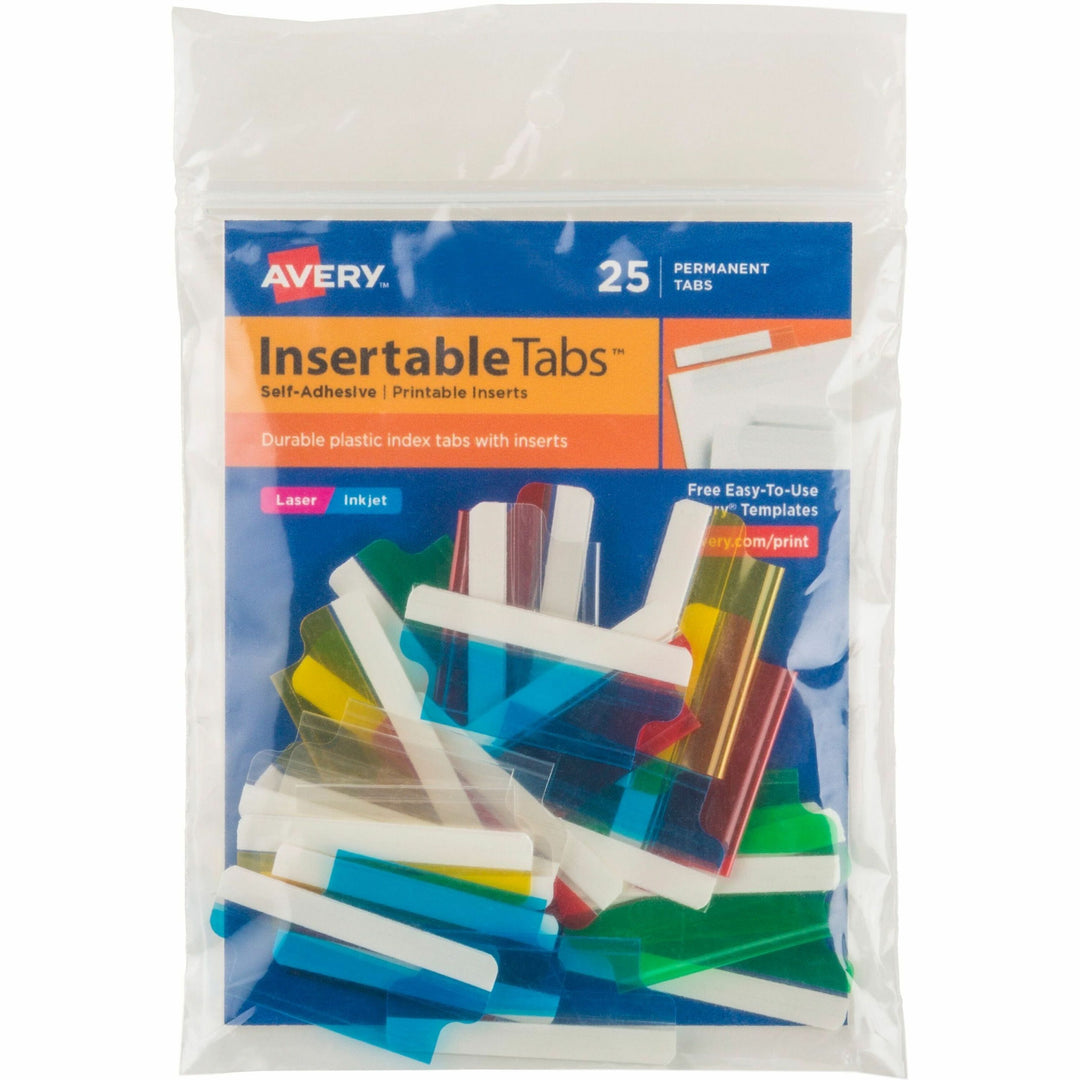 Image of Avery® Insertable Index Tabs with Printable Inserts, 1/5-Cut, Assorted Colors, 1.5" Wide, 25/Pack