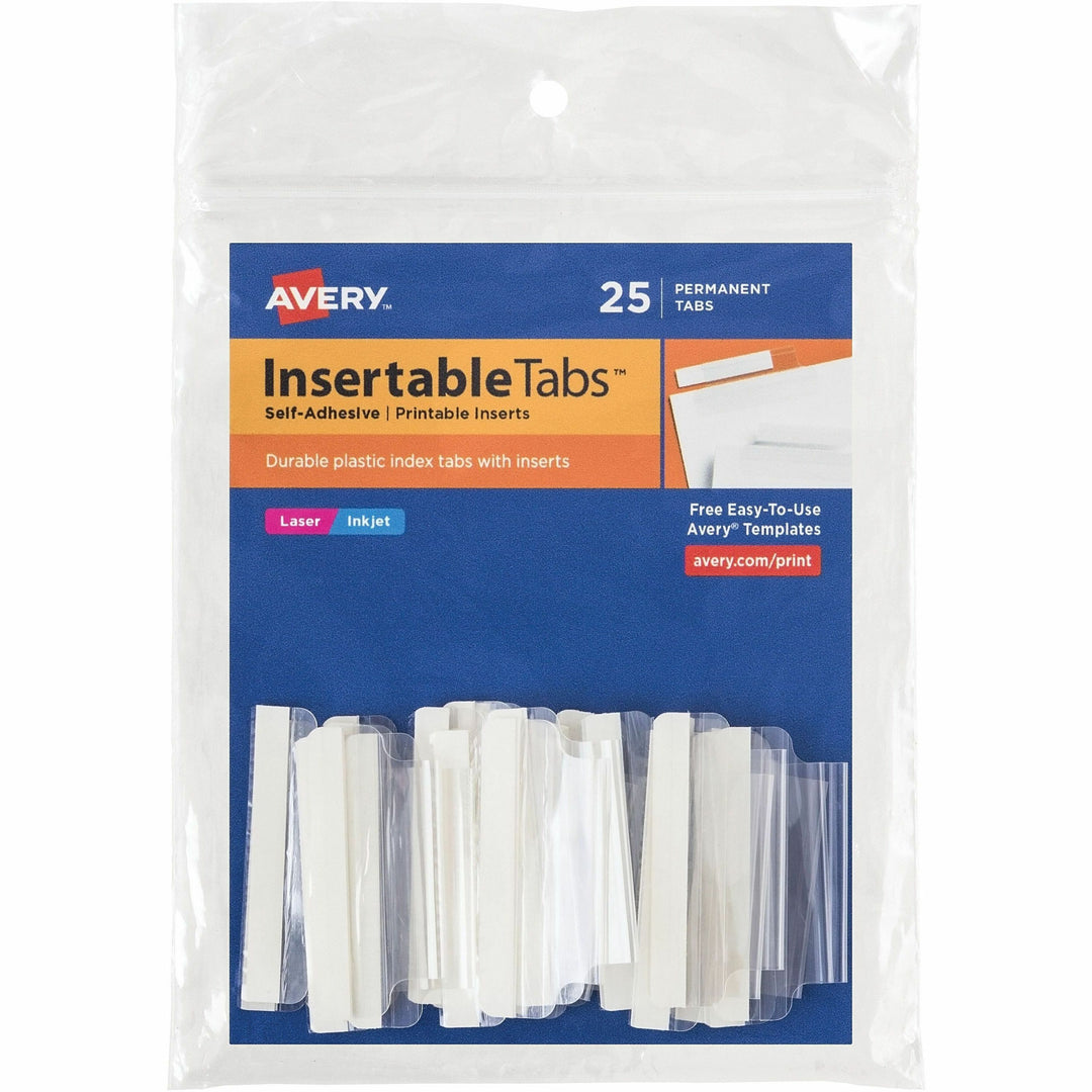 Image of Avery® Insertable Index Tabs with Printable Inserts, 1/5-Cut, Clear, 1.5" Wide, 25/Pack