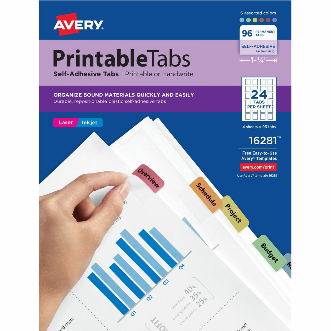 Image of Avery® Printable Plastic Tabs with Repositionable Adhesive, 1/5-Cut, Assorted Colors, 1.25" Wide, 96/Pack