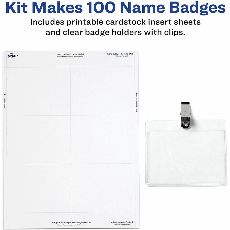Image of Avery® Clip-Style Name Badge Holder With Laser/inkjet Insert, Top Load, 4 X 3, White, 100/box