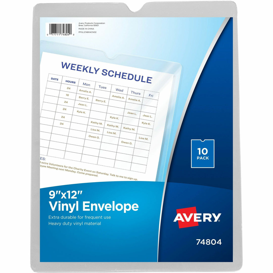 Image of Avery® Top-Load Clear Vinyl Envelopes w/Thumb Notch, 9" x 12", Clear, 10/Pack