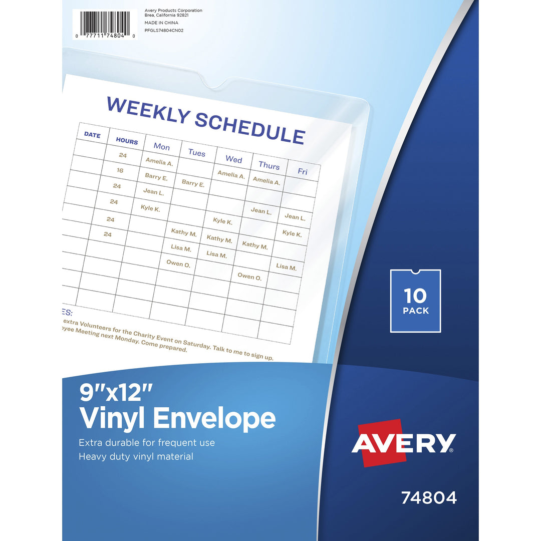 Image of Avery® Top-Load Clear Vinyl Envelopes w/Thumb Notch, 9" x 12", Clear, 10/Pack