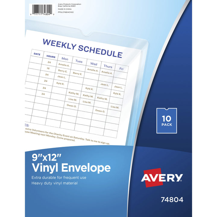 Image of Avery® Top-Load Clear Vinyl Envelopes w/Thumb Notch, 9" x 12", Clear, 10/Pack