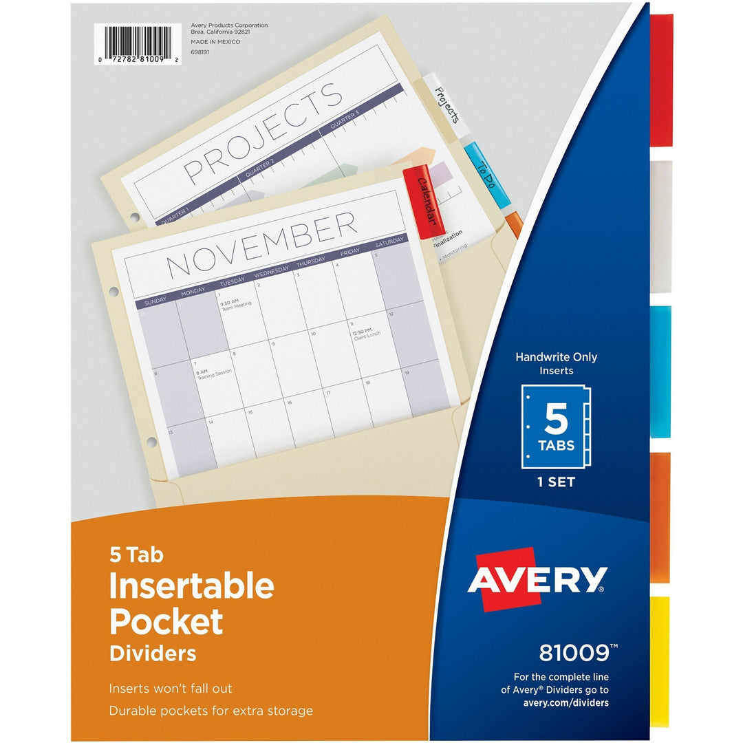Image of Avery® Insertable Divider,Pocket/Tabs,5/Tabs,8-7/8"x11",AST