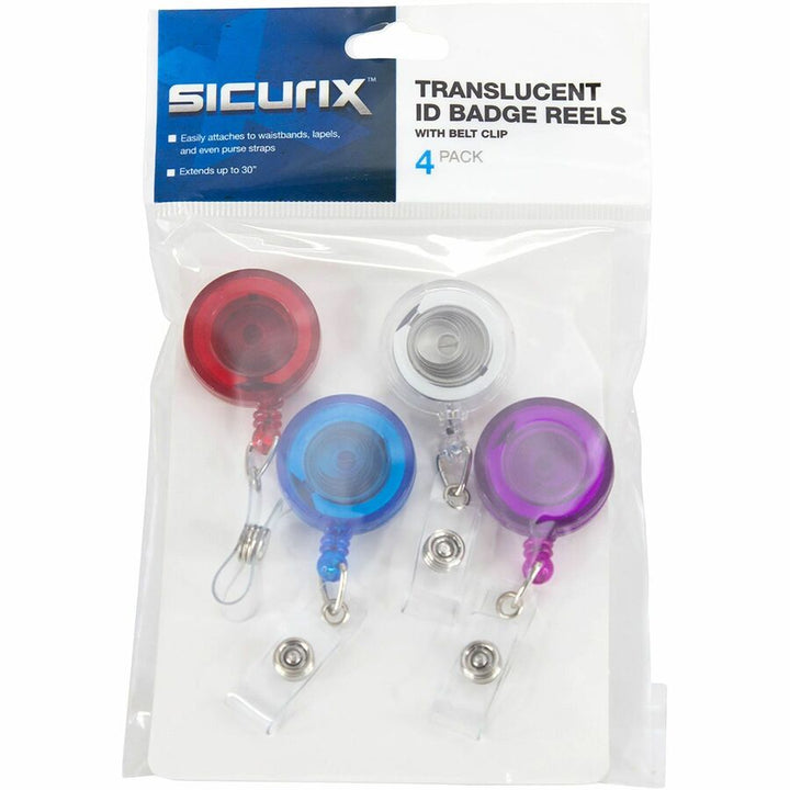 Image of SICURIX® ID Slide-Style Belt Clip Card Reels, 30" Extension, Blue/Purple/Red/Translucent, 4/Pack