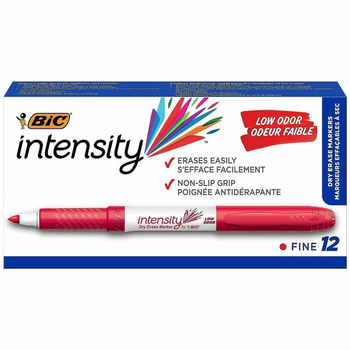 Image of BIC® Intensity Low Odor Fine Point Dry Erase Marker, Fine Bullet Tip, Red, Dozen