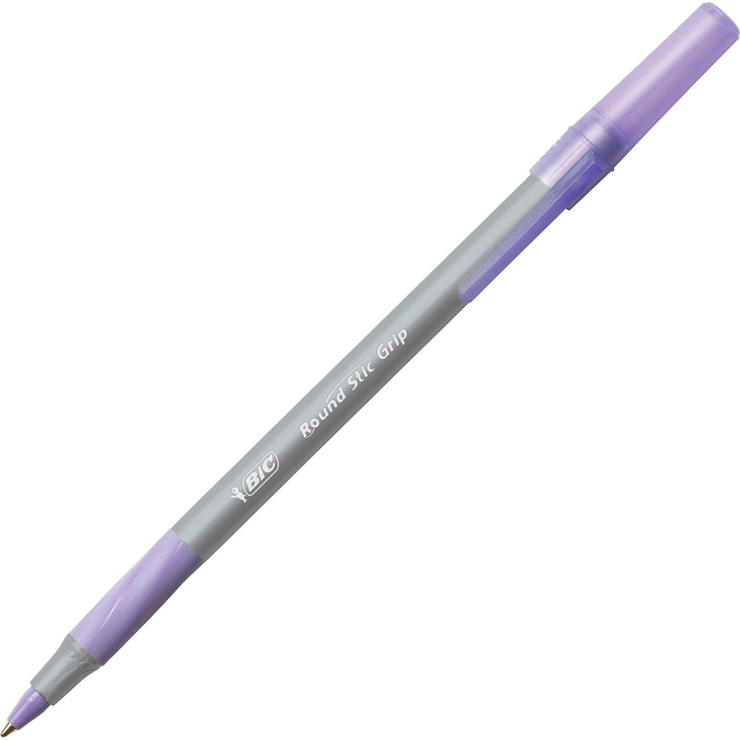 Image of BIC GSMG11-PE Round Stic Grip Ballpoint Pen, Medium Pen Point, Purple Ink, Frost Barrel, 12 / Dozen