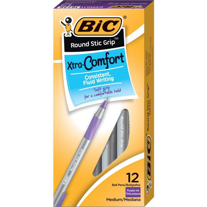 Image of BIC GSMG11-PE Round Stic Grip Ballpoint Pen, Medium Pen Point, Purple Ink, Frost Barrel, 12 / Dozen
