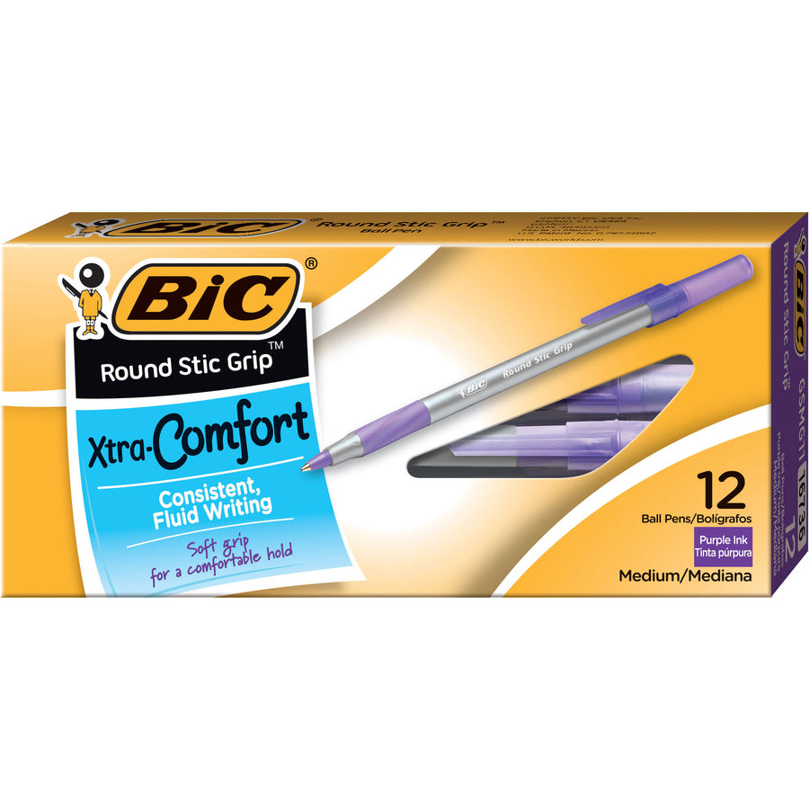 Image of BIC GSMG11-PE Round Stic Grip Ballpoint Pen, Medium Pen Point, Purple Ink, Frost Barrel, 12 / Dozen