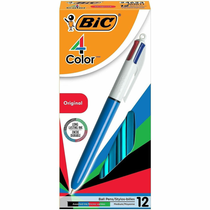 Image of BIC MM11 4-Color Retractable Pen, Medium Pen Point, Refillable, Retractable, Multi, Black, Red, Green Ink, Blue, White Barrel, 12 / Box