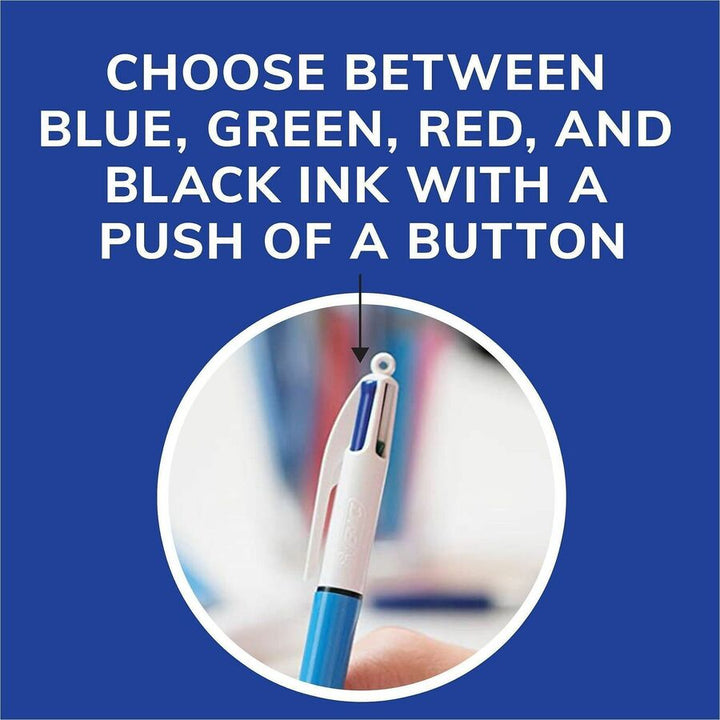 Image of BIC MM11 4-Color Retractable Pen, Medium Pen Point, Refillable, Retractable, Multi, Black, Red, Green Ink, Blue, White Barrel, 12 / Box