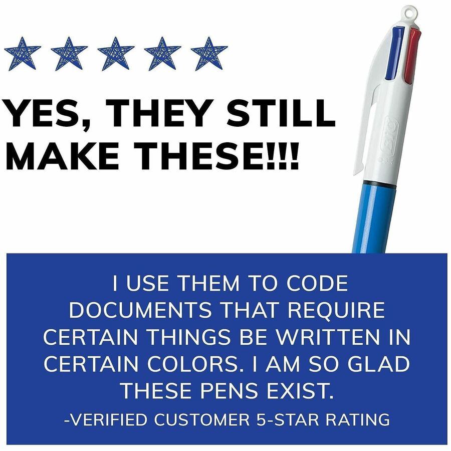 Image of BIC MM11 4-Color Retractable Pen, Medium Pen Point, Refillable, Retractable, Multi, Black, Red, Green Ink, Blue, White Barrel, 12 / Box