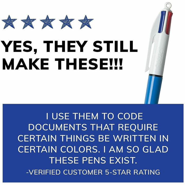 Image of BIC MM11 4-Color Retractable Pen, Medium Pen Point, Refillable, Retractable, Multi, Black, Red, Green Ink, Blue, White Barrel, 12 / Box