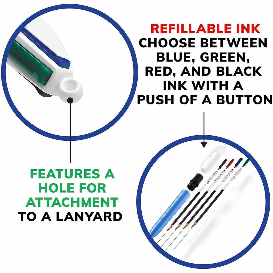 Image of BIC MM11 4-Color Retractable Pen, Medium Pen Point, Refillable, Retractable, Multi, Black, Red, Green Ink, Blue, White Barrel, 12 / Box