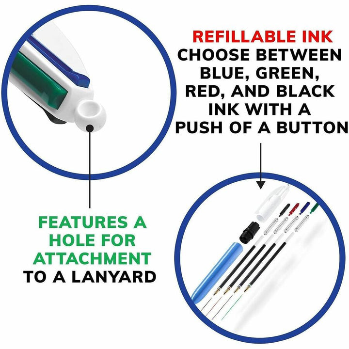 Image of BIC MM11 4-Color Retractable Pen, Medium Pen Point, Refillable, Retractable, Multi, Black, Red, Green Ink, Blue, White Barrel, 12 / Box