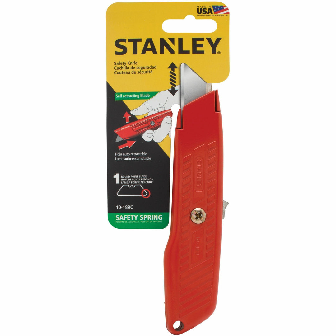 Image of Stanley® Interlock Safety Utility Knife with Self-Retracting Round Point Blade, 5.63" Metal Handle, Red Orange