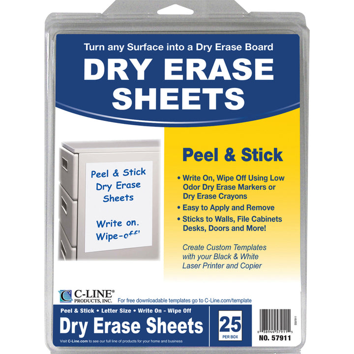 Image of C-Line® Self-Stick Dry Erase Sheets, Laminated Paperboard Surface, 8.5" x 11", White, 25/Box