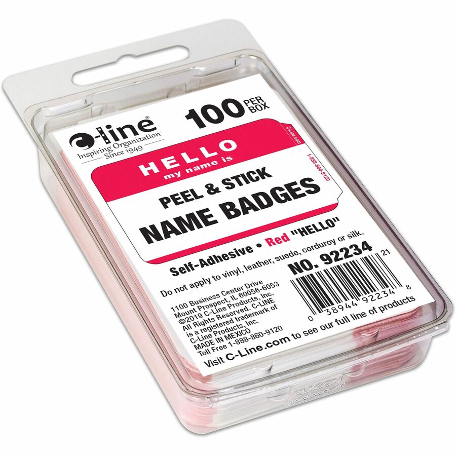 Image of C-Line® Name Badges,"Hello My Name Is",3-1/2"x2-1/4",100/BX,RD/WE
