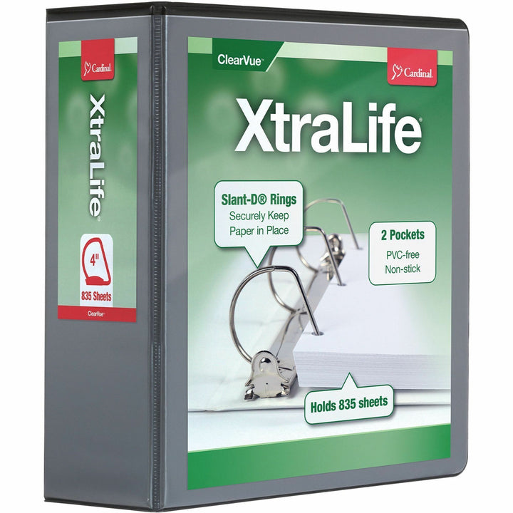 Image of Cardinal® XtraLife ClearVue Non-Stick Slant-D Ring Binder, 3 Rings, 4" Capacity, 11 x 8.5, Black