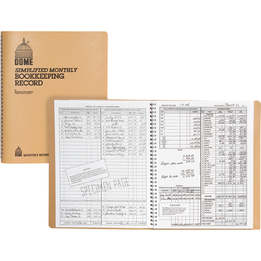 Image of Dome® Simplified Monthly Bookkeeping Record, 4 Column Format, Tan Cover, 11 X 8.5 Sheets, 128 Sheets/book