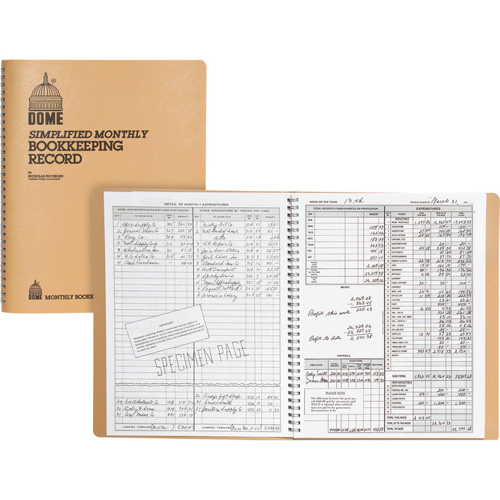 Image of Dome® Simplified Monthly Bookkeeping Record, 4 Column Format, Tan Cover, 11 X 8.5 Sheets, 128 Sheets/book
