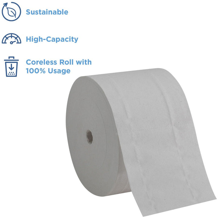 Image of Compact 19378 Coreless Recycled Toilet Paper, 2 Ply, 4.05" W x 3.85" Length, 1500 Sheets/Roll, 5.75" Roll Diameter, White, 18 / Pack