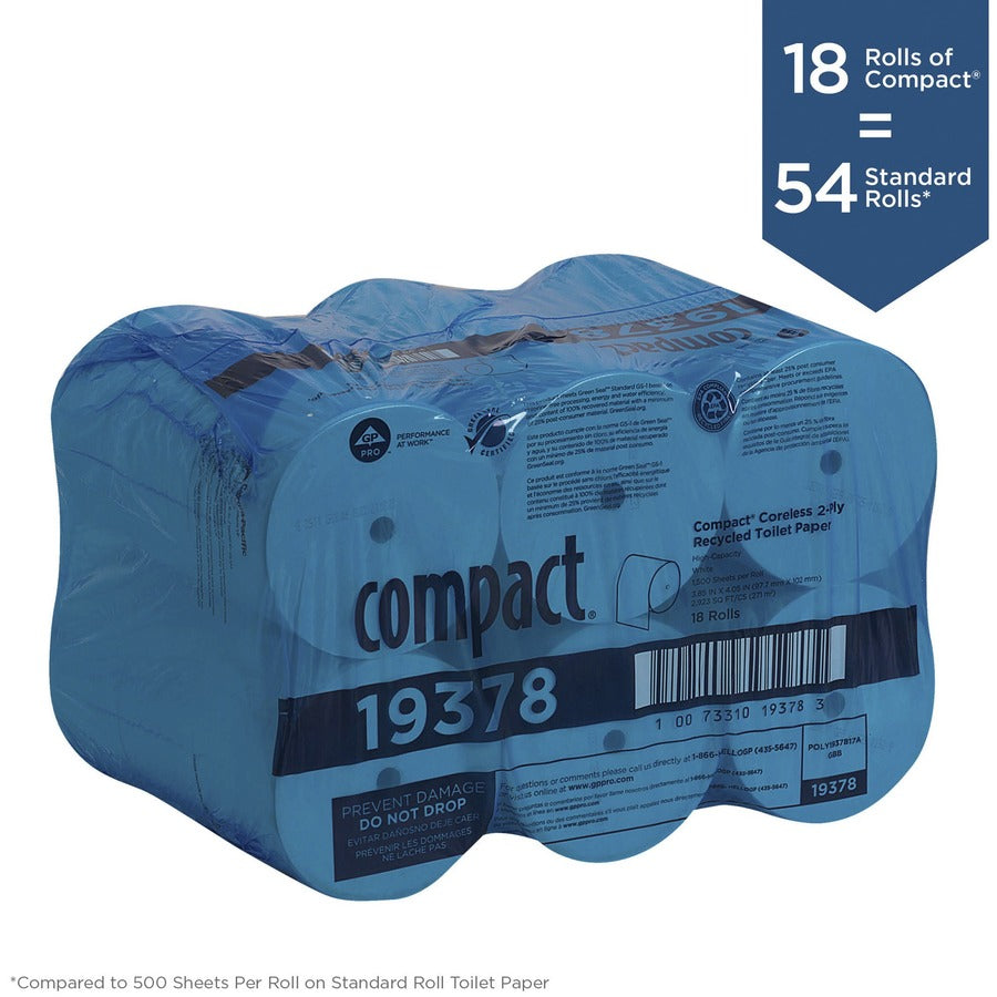 Image of Compact 19378 Coreless Recycled Toilet Paper, 2 Ply, 4.05" W x 3.85" Length, 1500 Sheets/Roll, 5.75" Roll Diameter, White, 18 / Pack