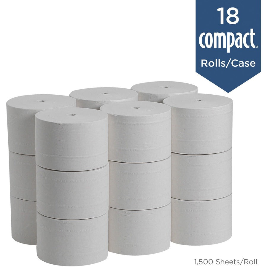 Image of Compact 19378 Coreless Recycled Toilet Paper, 2 Ply, 4.05" W x 3.85" Length, 1500 Sheets/Roll, 5.75" Roll Diameter, White, 18 / Pack