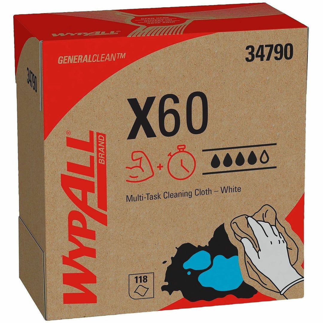 Image of Wypall 34790 GeneralClean X60 Multi-Task Cleaning Cloths, Pop-Up Box, 8.34" W x 16.80" Length, White, Hydroknit, 118 / Box