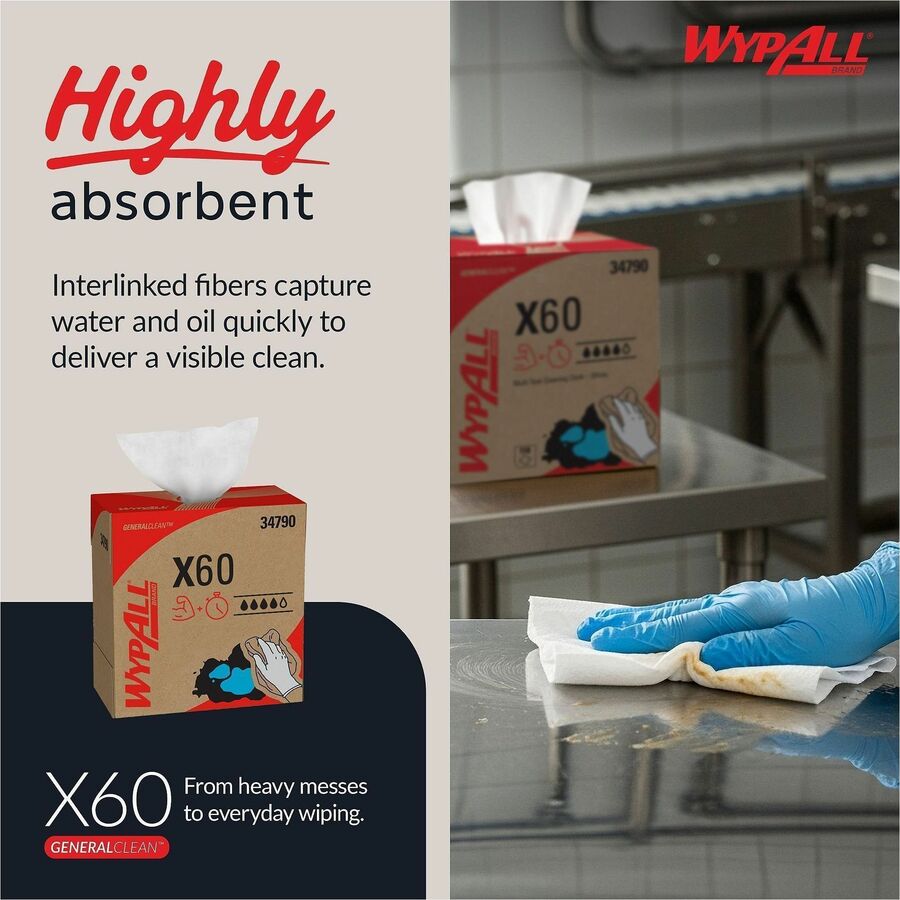 Image of Wypall 34790 GeneralClean X60 Multi-Task Cleaning Cloths, Pop-Up Box, 8.34" W x 16.80" Length, White, Hydroknit, 118 / Box