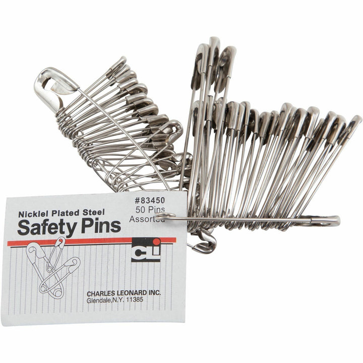 Image of Charles Leonard® Safety Pins, Assorted Sizes, Nickel Plated, 50 Ea/Pk
