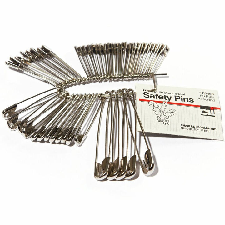 Image of Charles Leonard® Safety Pins, Assorted Sizes, Nickel Plated, 50 Ea/Pk