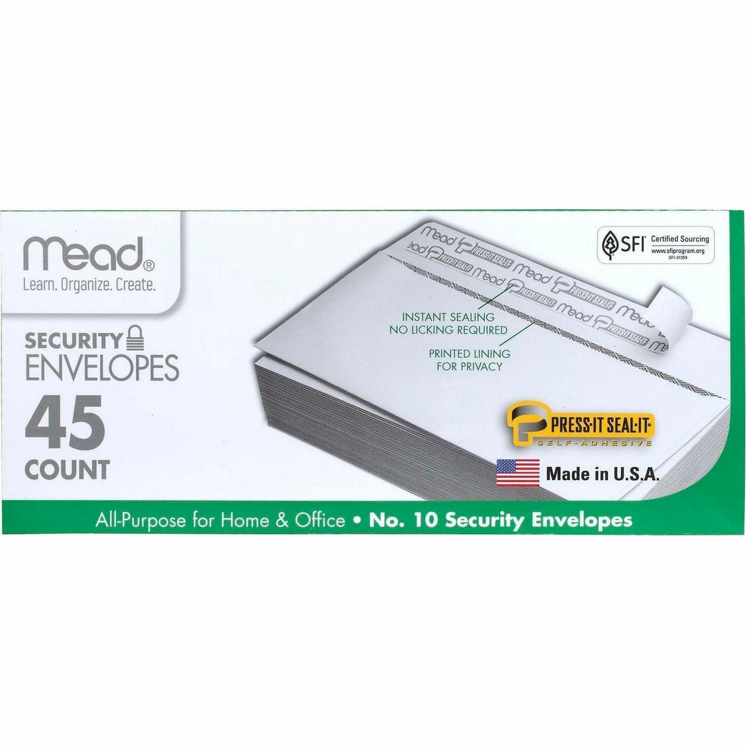 Image of Mead 75206 Press-it Seal-it No. 10 Security Envelopes, Security, #10, 4 1/8" W x 9 1/2" Length, Peel & Seal, White, 45 / Box
