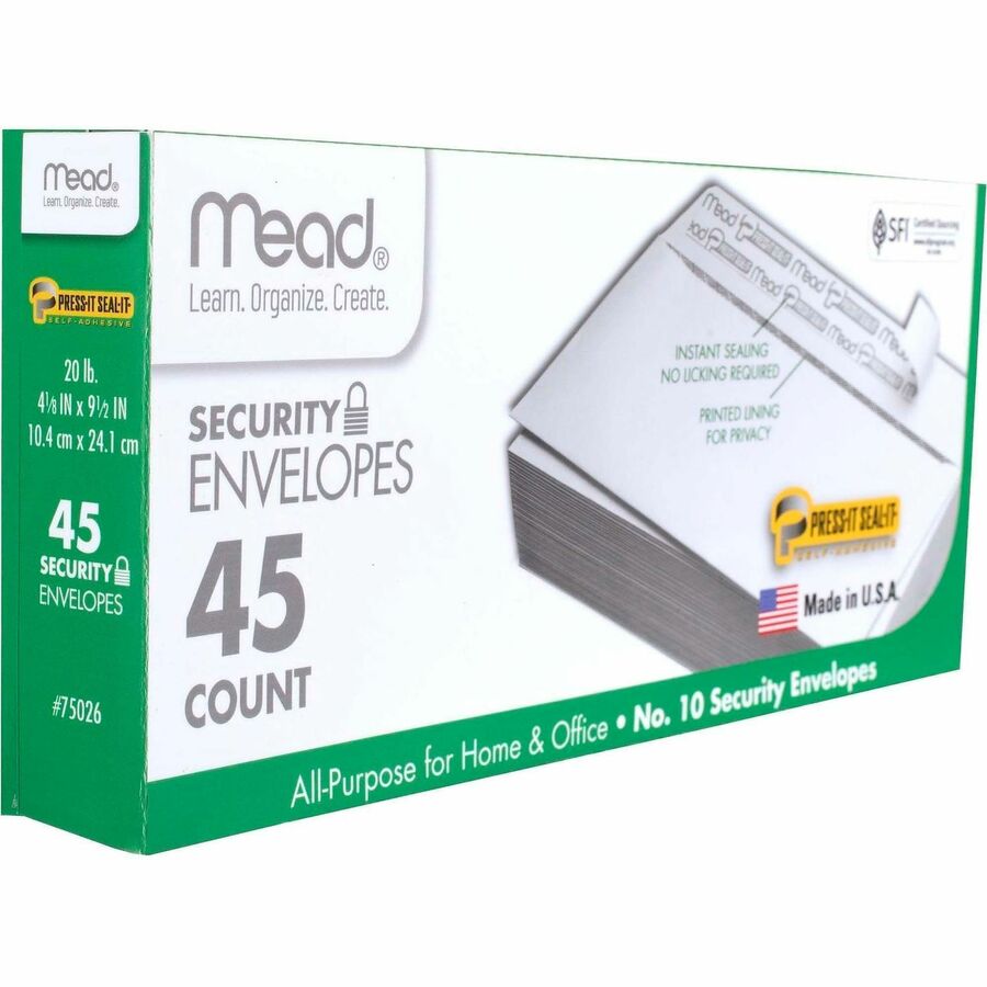 Image of Mead 75206 Press-it Seal-it No. 10 Security Envelopes, Security, #10, 4 1/8" W x 9 1/2" Length, Peel & Seal, White, 45 / Box