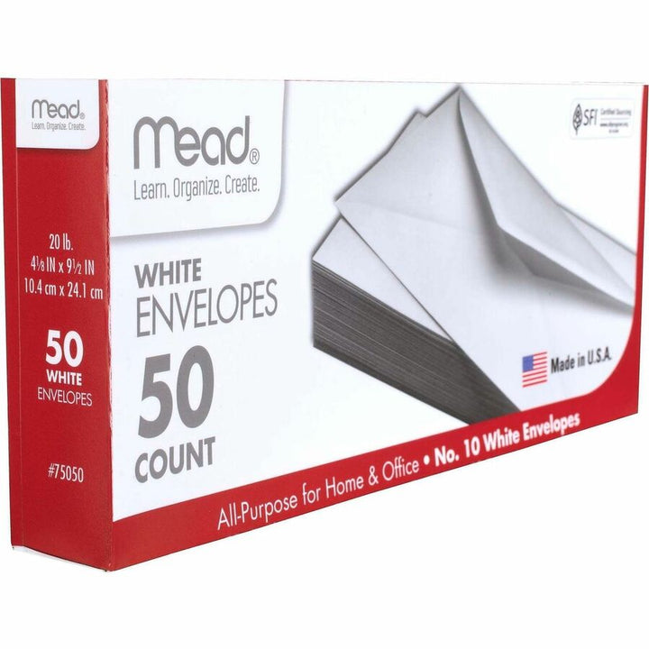 Image of Mead 75050 Plain White Envelopes, Business, #10, 4 1/8" W x 9 1/2" Length, Gummed, White, 50 / Box