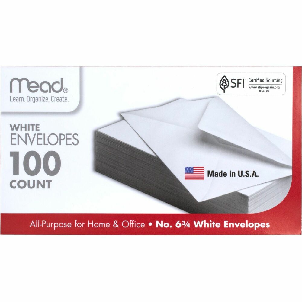 Image of Mead® Plain Envelopes, Gummed, No 6-3/4, 100/BX, White