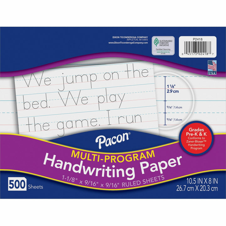 Image of Pacon® Handwriting Paper,f/Pre-K&K,10-1/2"x8",1-1/8" Rld,500/RM,WE