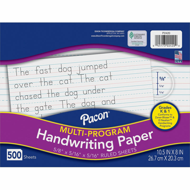 Image of Pacon 2420 Multi-Program Handwriting Papers, 500 Sheets, 0.63" Ruled, Unruled Margin, 10 1/2" x 8" Sheet Size, White Paper, 1 Ream