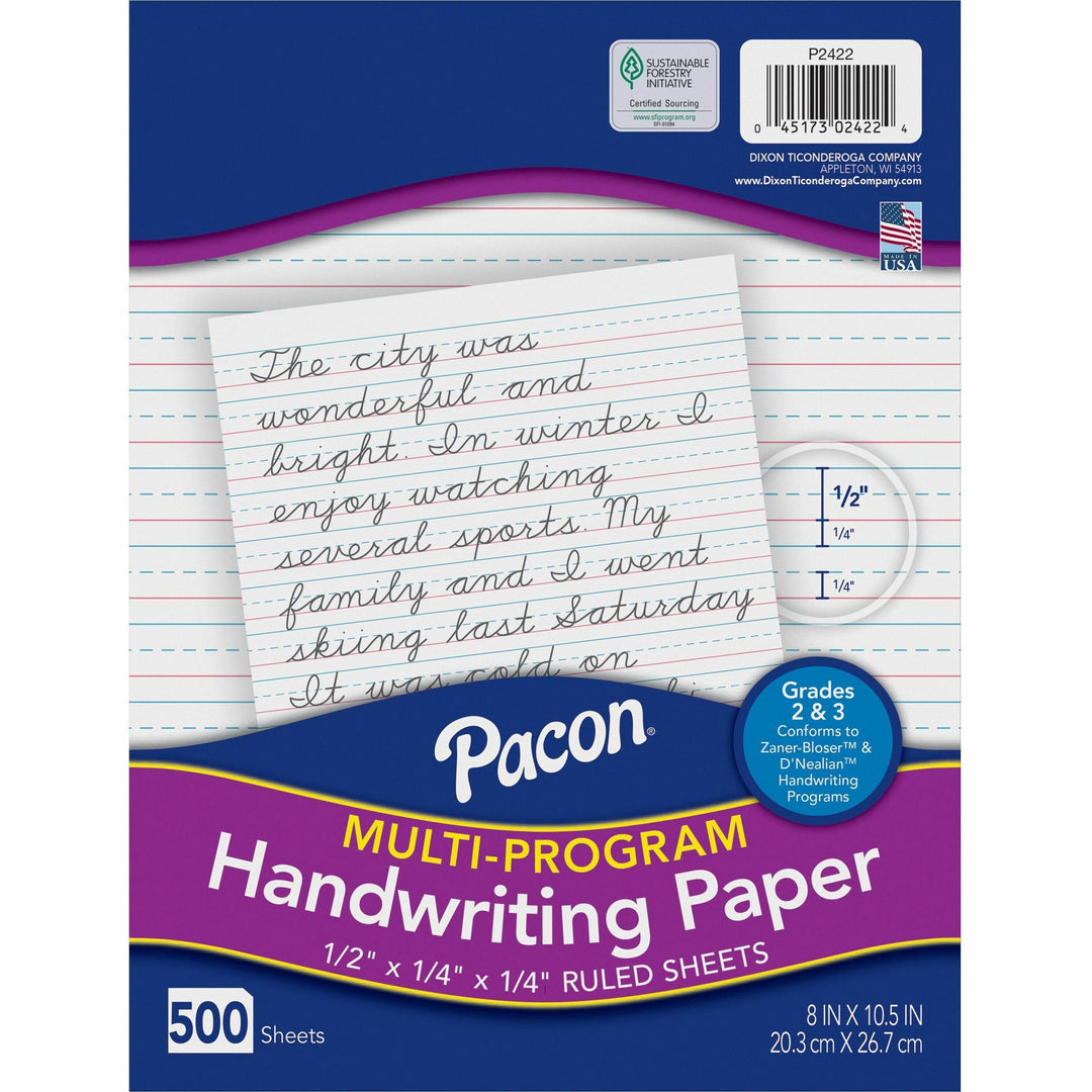 Image of Pacon 2422 Multi-Program Handwriting Papers, 500 Sheets, 0.50" Ruled, Unruled Margin, 8" x 10 1/2" Sheet Size, White Paper, Hard Cover, 1 Ream